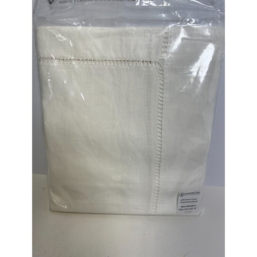 Schweitzer Linen Rapporto 54” Square Tablecloth Italian Linen Hemstitch White